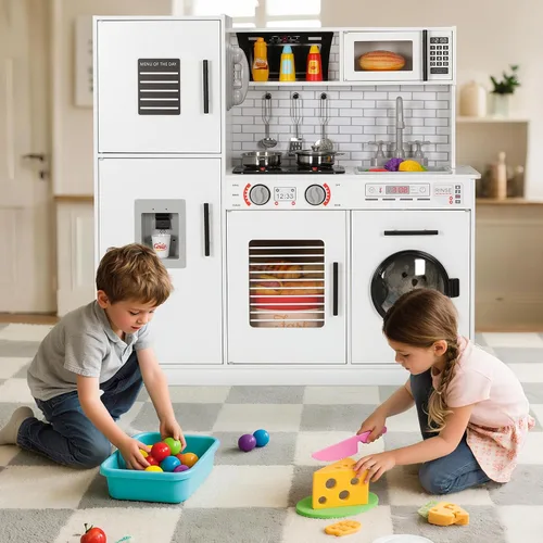 Miniatura 7 de Arlopu Juego de cocina para niños, juego de juguetes de madera con diseño realista, sonidos de luces, ollas y utensilios para niños y niñas a partir