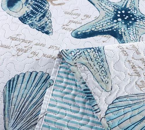 Miniatura 6 de Juego de cama reversible de 3 piezas con diseño náutico, tamaño Queen (90x90 Pulgadas), con conchas de mar azul-verde y coral, juego de colcha