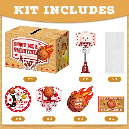 Miniatura 3 de Geyee Cajas de San Valentín de baloncesto con 4 tarjetas diferentes para intercambio de oficina, fiesta, 1 buzón, 16 tarjetas, 2 touchdown