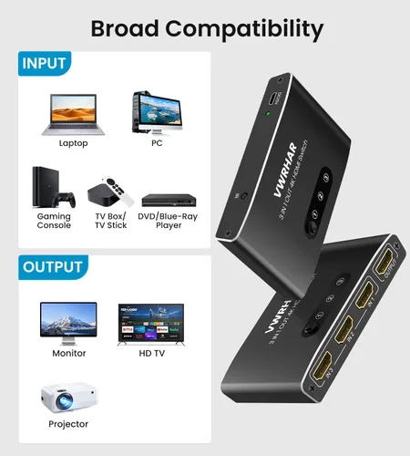 Miniatura 5 de Interruptor HDMI 3 en 1 Salida 4K UHD HDMI Switcher Splitter, interruptor automático con control remoto de metal HDMI Switch Box Hub Soporte 4K 3D