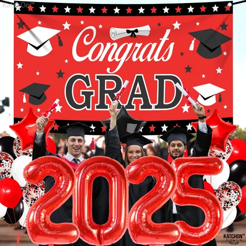 Miniatura 4 de KatchOn, Juego de 40 decoraciones de graduación rojas y negras 2025, globos rojos 2025, pancarta de felicitaciones para graduación de clase de 2025