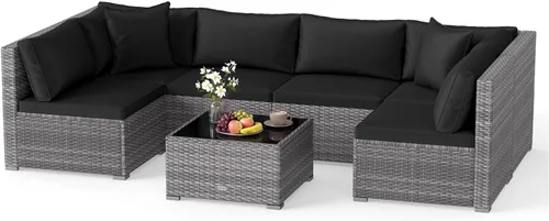 Miniatura 13 de Tangkula - Juego de sofá de ratán de 5 piezas, conjunto de muebles de mimbre para patio de Patiojoy con cojines de asiento y respaldo, mesa