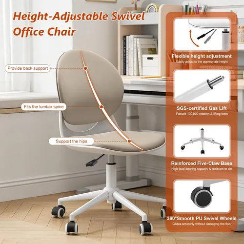 Miniatura 7 de Silla moderna de oficina en casa, silla de escritorio de tela de piel sintética sin brazos con respaldo medio, silla giratoria de altura ajustable