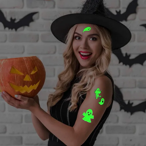 Miniatura 3 de 70 piezas de tatuajes temporales de Halloween que brillan en la oscuridad para niños, monstruo fantasma luminoso negro para niños, calcomanías