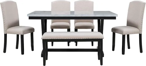 Miniatura 8 de LUMISOL - Juego de mesa de comedor de 6 piezas con banco y sillas para 6 personas, de madera maciza, para cocina, comedor, color blanco cálido