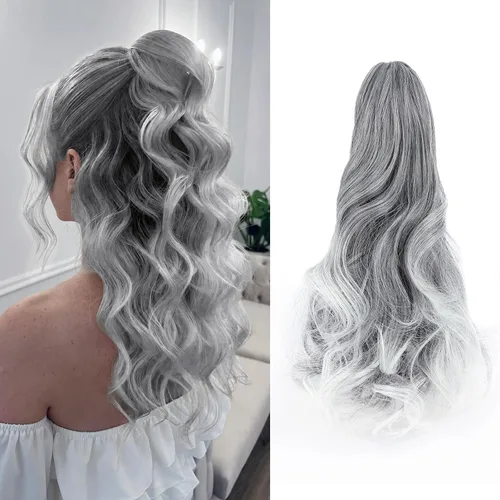 Miniatura 30 de Felendy Extensión de cola de caballo de 18 pulgadas, mezcla de rubio ceniza, marrón oscuro, rizado, ondulado, con clip, extensiones de cabello largo