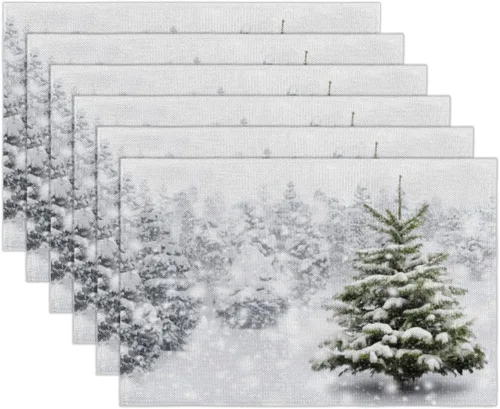 Miniatura 6 de Juego de 6 manteles individuales cuadrados de tela para árbol de Navidad, resistentes al calor, fáciles de limpiar, 12 x 18 pulgadas