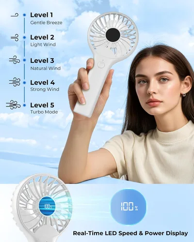 Miniatura 4 de Ventilador de mano portátil, batería recargable de 2000 mAh, viento de 5 velocidades, pantalla LED, mini ventilador de viaje personal, la parte
