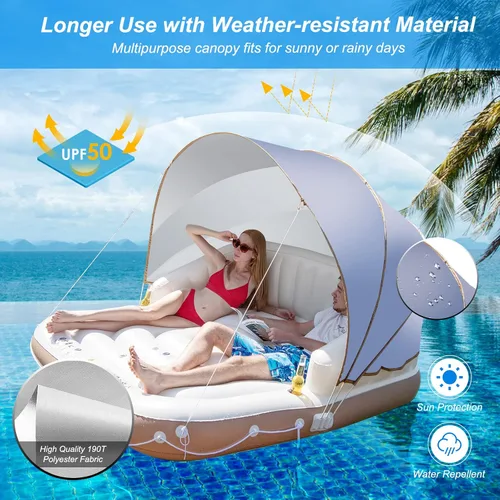 Miniatura 2 de Goplus Isla de toldo inflable, flotador de piscina de bronceado de 73 pulgadas con toldo retráctil y extraíble, SPF50+, 3 almohadas cómodas, carga