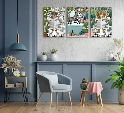 Miniatura 3 de 3 piezas de lienzo de animales de la selva para baño, arte de pared de cebra en la bañera, imágenes de mono león en el inodoro, lectura