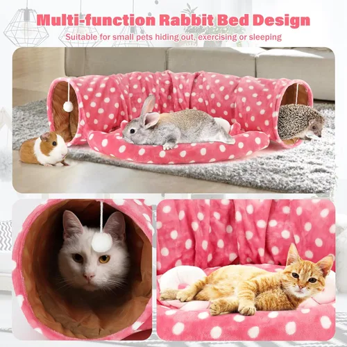 Miniatura 4 de BWOGUE Cama Túnel para Conejos, Juguetes de Tubos Túnel Plegables 2 en 1 con Alfombrilla Removible y Escondite para Gatos, Gatitos, Conejos, Rosa