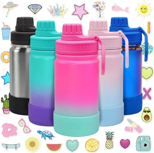 Miniatura 21 de CHILLOUT LIFE Botella de agua aislada para niños de 12 onzas para la escuela con tapa de boquilla a prueba de fugas y bonitas calcomanías Azul