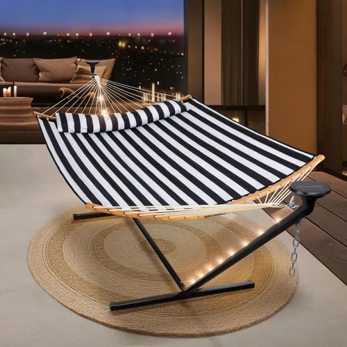 Miniatura 15 de SUNCREAT Hamaca doble para exteriores con soporte de 12 pies, hamacas autoportantes con soporte, beige