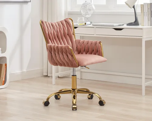 Miniatura 2 de KCC Silla Moderna de Terciopelo para Oficina en Casa con Respaldo Tejido a Mano, Silla Tapizada Ajustable para Maquillaje con Reposabrazos y Base