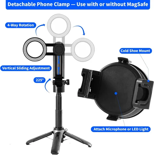 Miniatura 7 de Palo selfie magnético 4 en 1 para iPhone/Android, trípode extensible multifuncional de rotación de 360° con control remoto desmontable, soporte