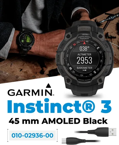 Miniatura 2 de Garmin Instinct 3 45mm, pantalla AMOLED, reloj inteligente GPS resistente para exteriores, bisel reforzado con metal, linterna incorporada, hasta 18