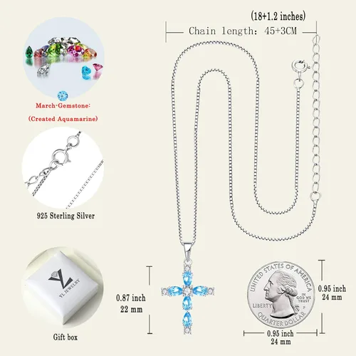 Miniatura 66 de YL Collar de cruz de plata de ley 925 con colgante de piedra natal religiosa para mujer