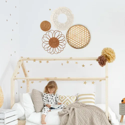 Miniatura 5 de Marsui Juego de 8 colgantes de pared bohemios, ratán tejido, cestas de bambú con borlas de macramé y tapiz para dormitorio, sala de estar