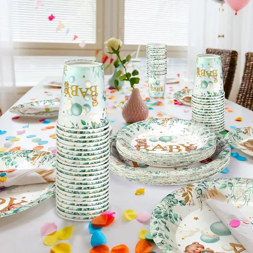 Miniatura 5 de Juego de 200 piezas de vajilla para fiesta, patrones impresos, servilletas, tazas, decoraciones de mesa para baby shower, fiesta de cumpleaños (oso)