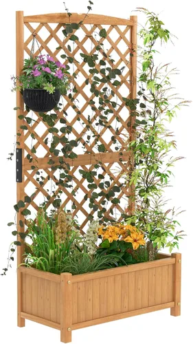 Miniatura 13 de S AFSTAR Cama de jardín elevada con enrejado, maceta elevada de madera con techo colgante y enrejado trepador, 4 agujeros de drenaje, contenedor