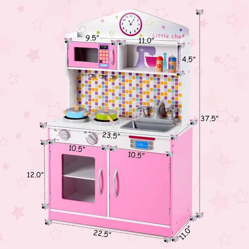 Miniatura 7 de OLAKIDS - Juego de cocina para niños, cocina de madera para niños pequeños con sonidos reales, estufa, microondas, horno, fregadero, gabinete