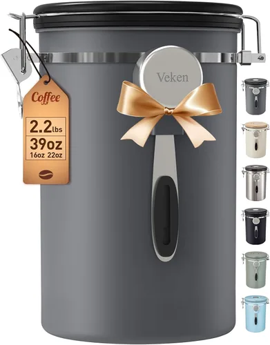 Veken Recipiente para café, 39OZ grande, contenedor hermético de acero inoxidable para almacenamiento de alimentos para 2.2lbs de café en grano, Gris