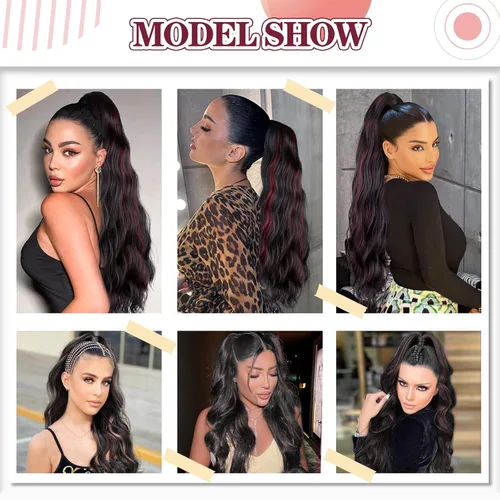 Miniatura 4 de FREEMEIGE Extensiones de cola de caballo largas onduladas con cordón para mujeres, extensiones de cabello con clip para cola de caballo, mezcla