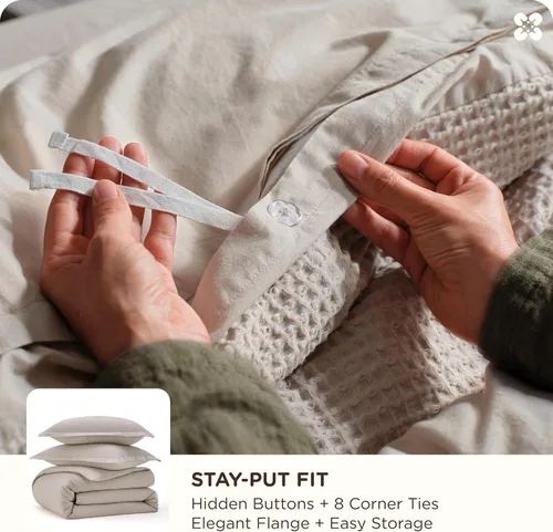 Miniatura 5 de Bedsure - Funda de edredón de algodón tamaño king - 100% algodón con tejido en rombos, color lino. Funda de edredón suave y transpirable GentleSoft™