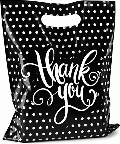 Bolsas de agradecimiento con asas (12 x 15 pulgadas), bolsas de compras de plástico negro de tamaño mediano para pequeñas empresas, boutiques y