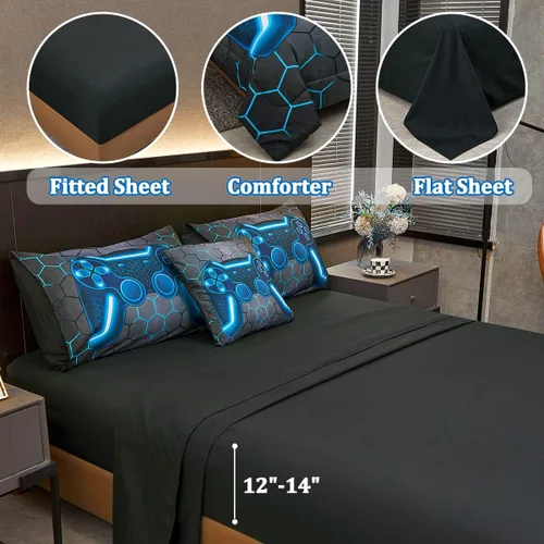 Miniatura 4 de Juego de edredón azul de consola de juegos con sábanas, 6 piezas de cama en una bolsa, geométrica, ligera, para niños, tamaño matrimonial