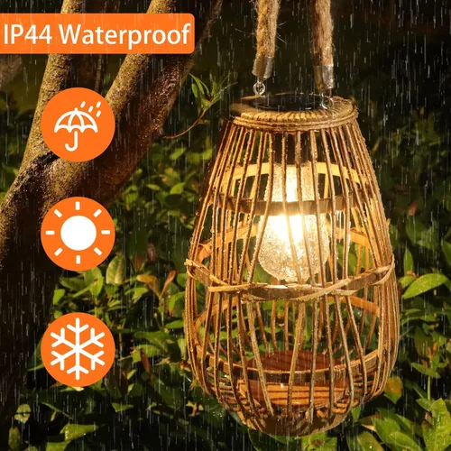 Miniatura 6 de Linterna solar de ratán natural con asa, luces LED decorativas grandes e impermeables, lámpara de mesa solar de ratán brillante para patio, boda