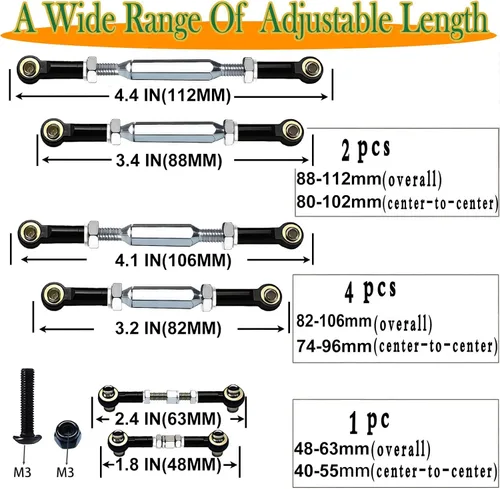 Miniatura 6 de (Actualización 2025) 3.071-4.252 in Tensores de acero inoxidable/Enlace Camber para 1/10 Traxxas Slash 4X4 VXL/Rustler 4X4/Stampede 4X4 VXL/Hoss 4X4