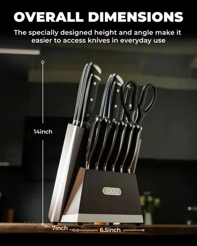 Miniatura 7 de OOU Juego de cuchillos de cocina 2025 con bloque, juego de cuchillos de acero inoxidable alemán de 15 piezas con varilla de afilar, mango de madera