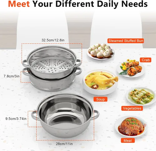 Miniatura 4 de Vaporizador de acero inoxidable de 3 niveles, olla de sopa de vapor herramienta de cocina con tapa de vidrio para uso en estufas de inducción