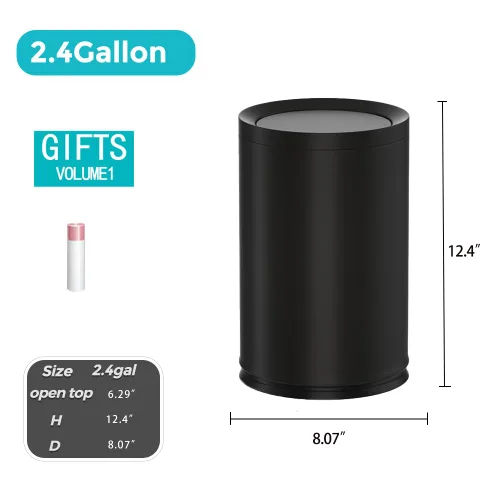 Miniatura 7 de Bote de basura de metal de 2.3/9L galones con tapa, negro, lujo ligero, elegante bote de basura, cesta de basura de baño, para sala de estar, hogar