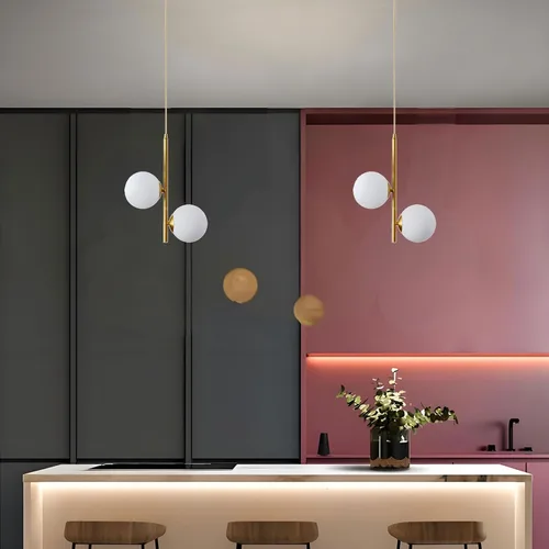 Miniatura 4 de Lámpara colgante de cristal blanco con forma de globo de 2 luces, bola de vidrio blanca y latón dorado Matel lámpara colgante lámpara de techo