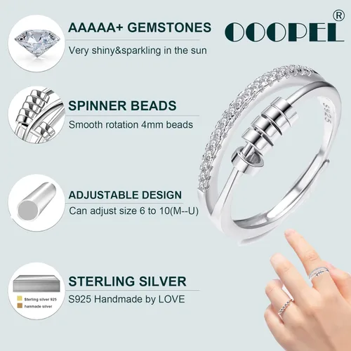 Miniatura 4 de Anillo de ansiedad de plata de ley S925 OOOPEL con tarjeta inspiradora, anillos ajustables antiestrés para ansiedad para mujer, anillo giratorio
