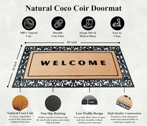 Miniatura 43 de A1HC Tapete para Puerta de Fibra de Coco Natural y Caucho, 30"x48" – Grueso, Duradero, Resistente, Anti-Desprendimiento, Resistente a