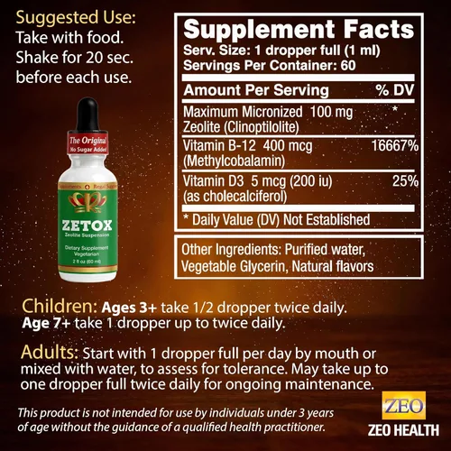 Miniatura 6 de ZETOX Desintoxicación de zeolita para niños y adultos Mejorado con metil vitamina B12 y D3 Gotas de zeolita de clinoptilolita líquida de grado