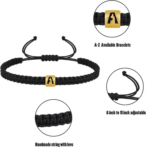 Miniatura 3 de VIBILIA Initial Bracelets for Women Men Teen Boys Girls Woven Rope Braided Letter Bracelet Gold 26 Alphabet Handmade Adjustable Black String