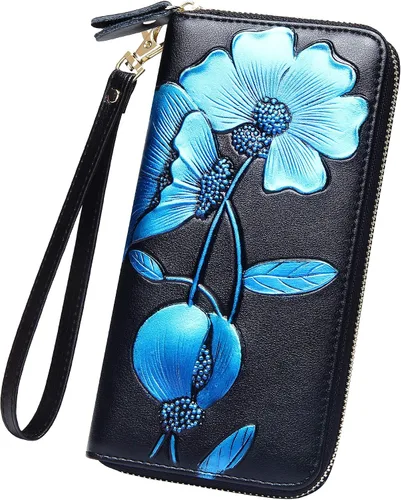 Miniatura 82 de Badiya Billetera para mujer con bloqueo RFlD de cuero con cremallera alrededor de carteras de gran capacidad