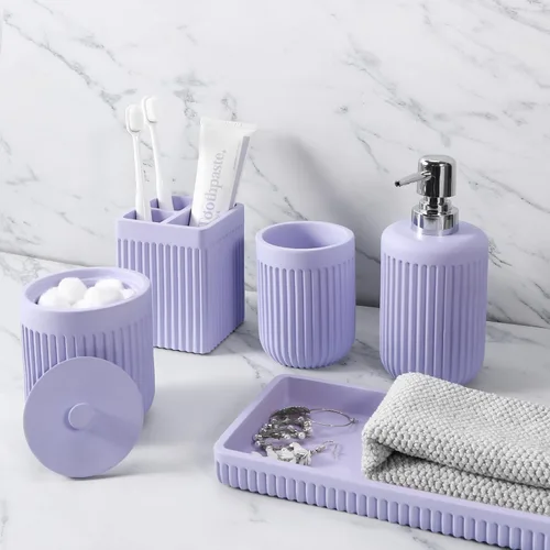 Miniatura 12 de XLHOMO Juego de accesorios de baño de resina beige de 5 piezas, dispensador de jabón y loción, soporte para cepillo de dientes, vaso de baño, porta