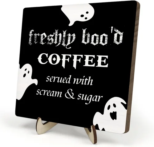 Letrero de madera "Freshly Boo'd Coffee", decoración de Halloween para la barra de café, letrero de azúcar espeluznante de temporada de miedo para