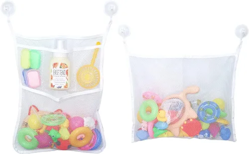 2 bolsas de malla para juguetes de bañera, organizador de juguetes de baño de 18 x 14 pulgadas, 4 ganchos ultra fuertes, color blanco