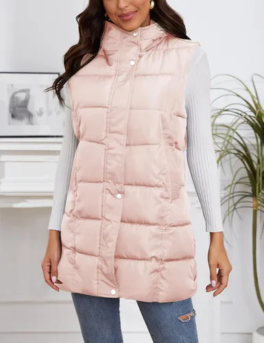 Miniatura 4 de Gihuo Chaleco largo acolchado de invierno para mujer, con capucha, sin mangas, con cremallera, chaleco largo