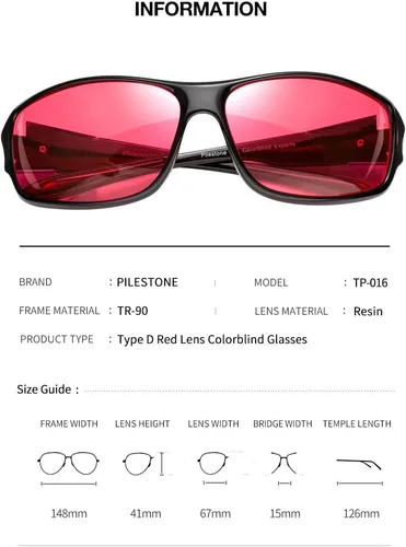 Miniatura 2 de Pilestone TP-016 Lens D Color Blind Gafas estilo deportivo para uso en interiores y exteriores de ceguera roja media/fuerte, Negro