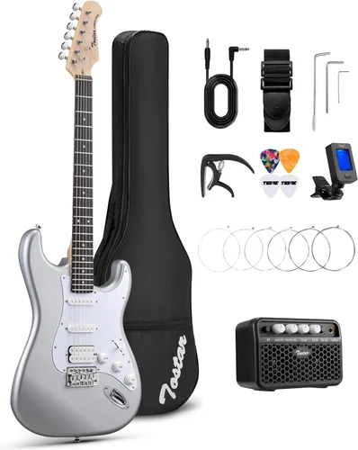 Miniatura 31 de Tostar Kit de guitarra eléctrica con amplificador, 39 pulgadas, tamaño completo, 6 cuerdas, ligero, diseño de cuerpo redondeado, interruptor