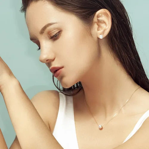 Miniatura 2 de Cowlyn Pendientes redondos de plata de ley chapada en oro de 18 quilates con perlas de concha de imitación blanca