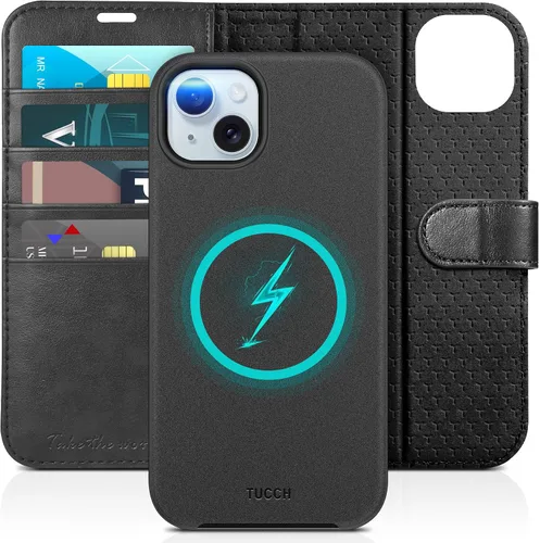 Miniatura 10 de TUCCH Funda tipo cartera para iPhone 15 Plus, [bloqueo RFID] 4 tarjeteros con función atril [funda interior de TPU a prueba de golpes] Funda Negro