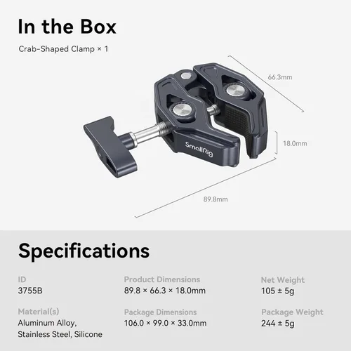 Miniatura 7 de SMALLRIG Abrazadera en forma de cangrejo, soporte para cámara, 1/4"-20, 3/8"-16 agujeros roscados, carga útil de 7.7lbs/3.5kg, compatible